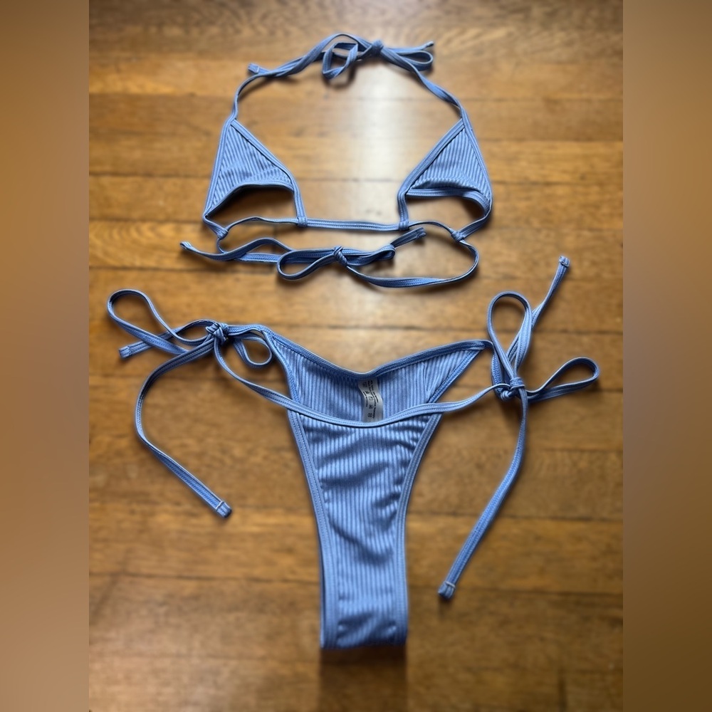 SHEIN Light Blue Ribbed Triangle Tie-Side Bikini